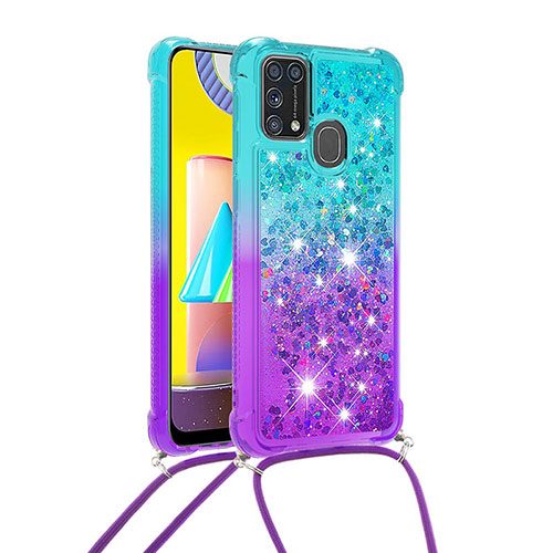 Silicone Candy Rubber TPU Bling-Bling Soft Case Cover with Lanyard Strap S01 for Samsung Galaxy M21s Sky Blue