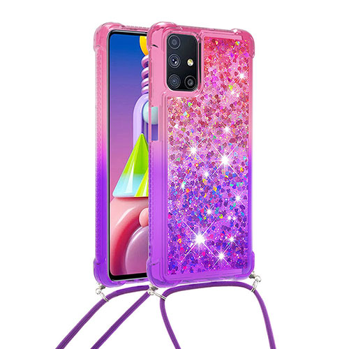 Silicone Candy Rubber TPU Bling-Bling Soft Case Cover with Lanyard Strap S01 for Samsung Galaxy M51 Hot Pink