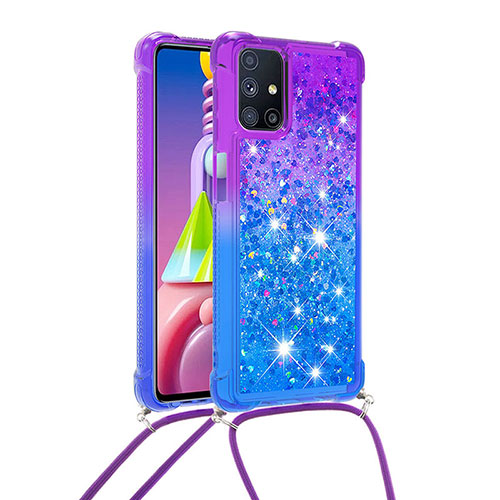 Silicone Candy Rubber TPU Bling-Bling Soft Case Cover with Lanyard Strap S01 for Samsung Galaxy M51 Purple