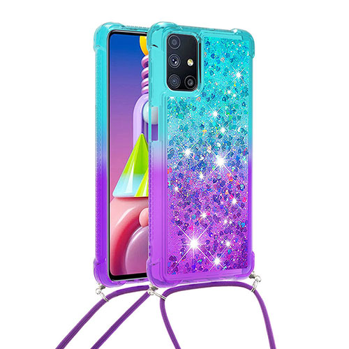 Silicone Candy Rubber TPU Bling-Bling Soft Case Cover with Lanyard Strap S01 for Samsung Galaxy M51 Sky Blue