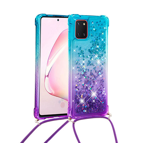Silicone Candy Rubber TPU Bling-Bling Soft Case Cover with Lanyard Strap S01 for Samsung Galaxy M60s Sky Blue