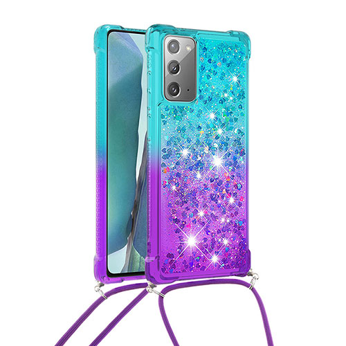 Silicone Candy Rubber TPU Bling-Bling Soft Case Cover with Lanyard Strap S01 for Samsung Galaxy Note 20 5G Sky Blue