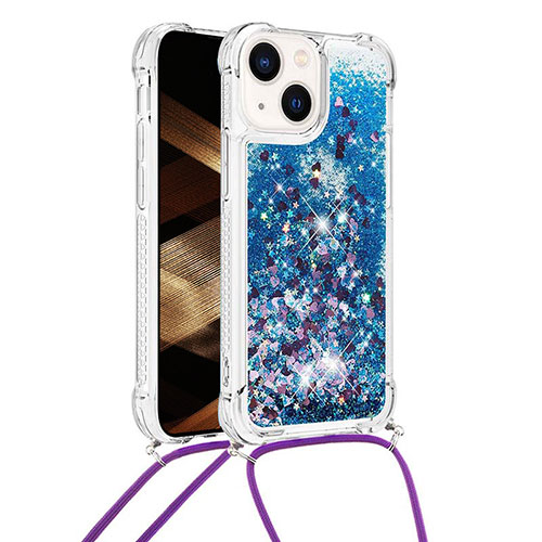 Silicone Candy Rubber TPU Bling-Bling Soft Case Cover with Lanyard Strap S02 for Apple iPhone 13 Blue