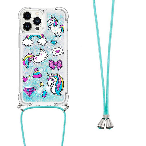 Silicone Candy Rubber TPU Bling-Bling Soft Case Cover with Lanyard Strap S02 for Apple iPhone 13 Pro Max Sky Blue