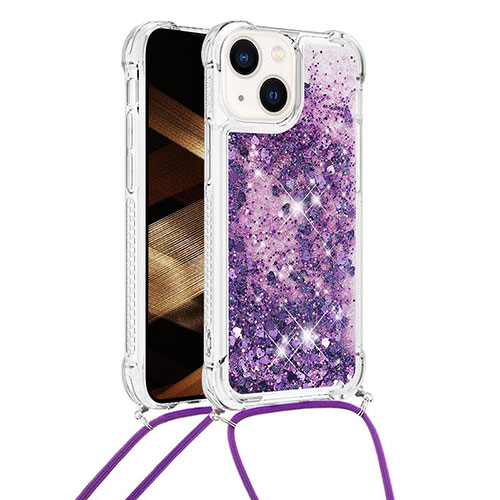 Silicone Candy Rubber TPU Bling-Bling Soft Case Cover with Lanyard Strap S02 for Apple iPhone 13 Purple