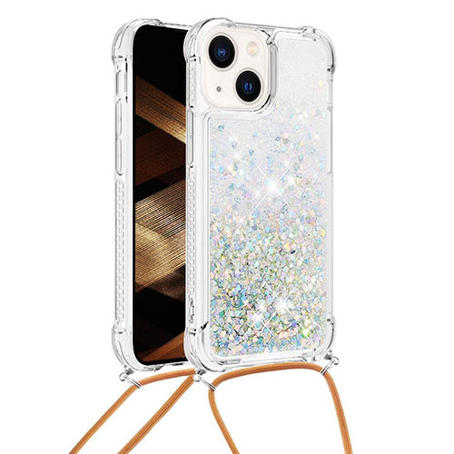 Silicone Candy Rubber TPU Bling-Bling Soft Case Cover with Lanyard Strap S02 for Apple iPhone 13 Silver