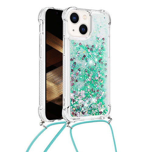 Silicone Candy Rubber TPU Bling-Bling Soft Case Cover with Lanyard Strap S02 for Apple iPhone 14 Plus Green