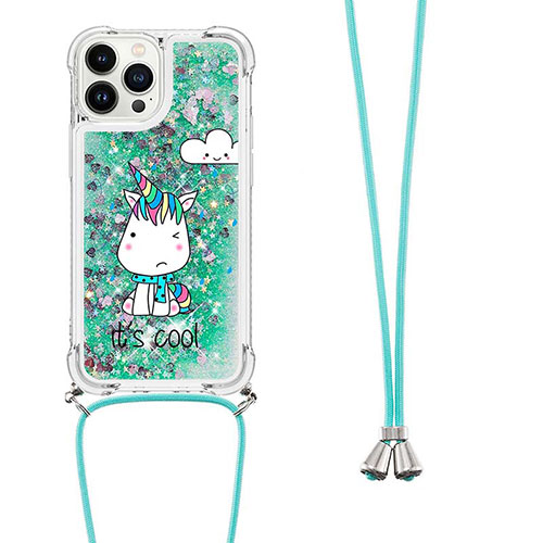 Silicone Candy Rubber TPU Bling-Bling Soft Case Cover with Lanyard Strap S02 for Apple iPhone 14 Pro Max Green
