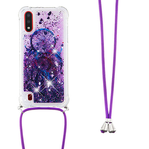 Silicone Candy Rubber TPU Bling-Bling Soft Case Cover with Lanyard Strap S02 for Samsung Galaxy A01 SM-A015 Purple
