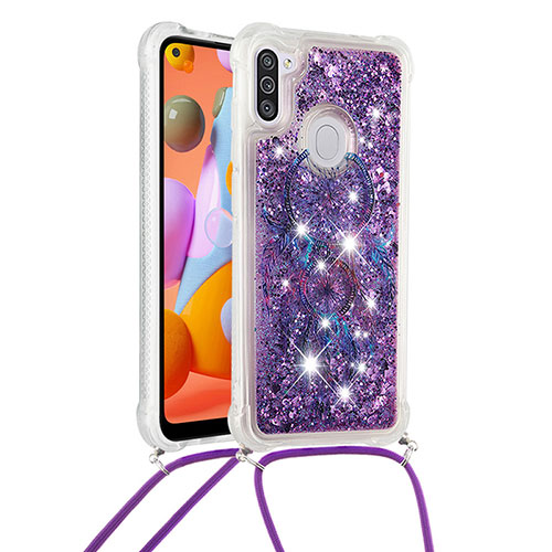 Silicone Candy Rubber TPU Bling-Bling Soft Case Cover with Lanyard Strap S02 for Samsung Galaxy A11 Purple