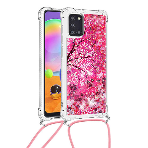 Silicone Candy Rubber TPU Bling-Bling Soft Case Cover with Lanyard Strap S02 for Samsung Galaxy A31 Hot Pink