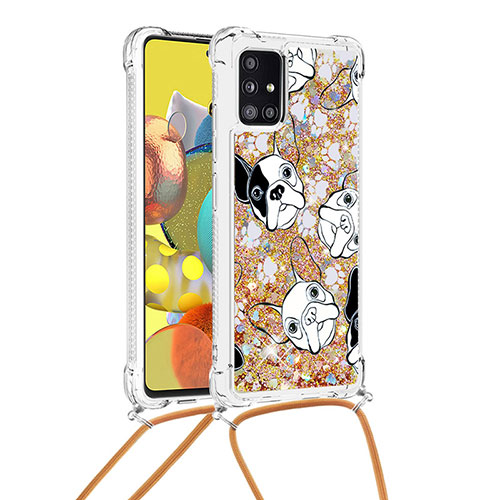 Silicone Candy Rubber TPU Bling-Bling Soft Case Cover with Lanyard Strap S02 for Samsung Galaxy A51 5G Gold