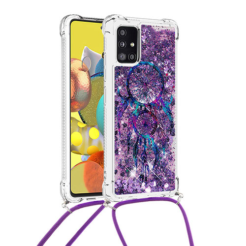 Silicone Candy Rubber TPU Bling-Bling Soft Case Cover with Lanyard Strap S02 for Samsung Galaxy A51 5G Purple