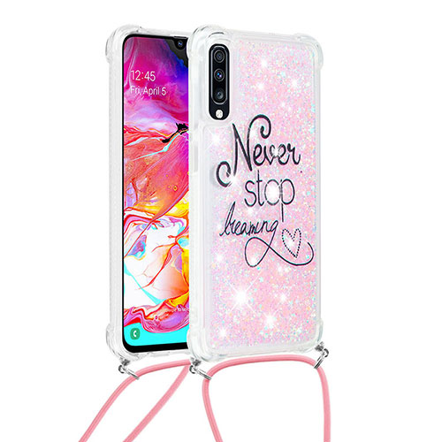 Silicone Candy Rubber TPU Bling-Bling Soft Case Cover with Lanyard Strap S02 for Samsung Galaxy A70 Mixed