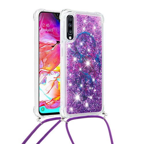 Silicone Candy Rubber TPU Bling-Bling Soft Case Cover with Lanyard Strap S02 for Samsung Galaxy A70 Purple