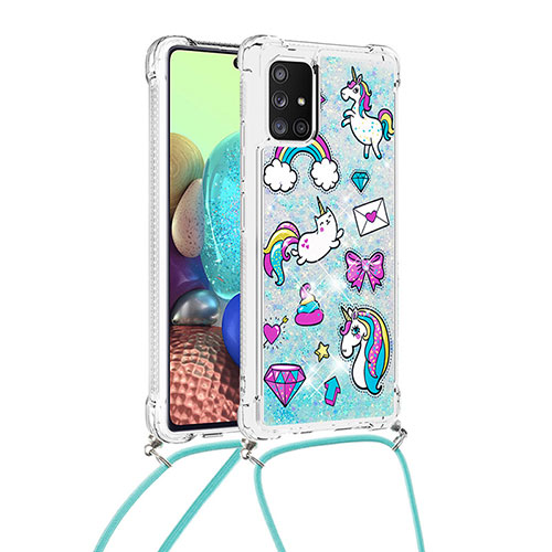 Silicone Candy Rubber TPU Bling-Bling Soft Case Cover with Lanyard Strap S02 for Samsung Galaxy A71 5G Sky Blue