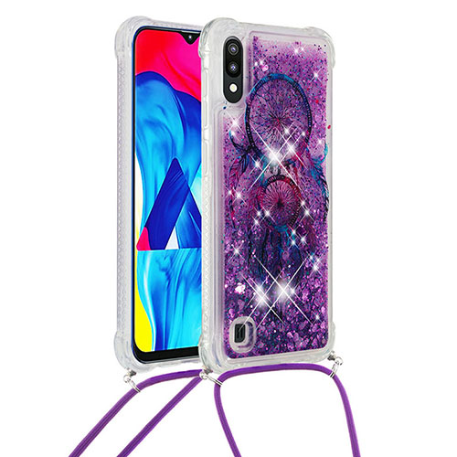 Silicone Candy Rubber TPU Bling-Bling Soft Case Cover with Lanyard Strap S02 for Samsung Galaxy M10 Purple