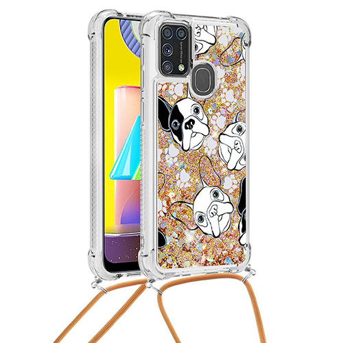 Silicone Candy Rubber TPU Bling-Bling Soft Case Cover with Lanyard Strap S02 for Samsung Galaxy M21s Gold
