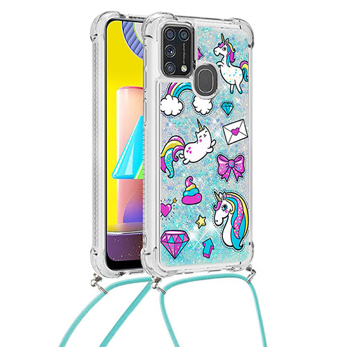 Silicone Candy Rubber TPU Bling-Bling Soft Case Cover with Lanyard Strap S02 for Samsung Galaxy M21s Sky Blue