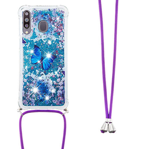 Silicone Candy Rubber TPU Bling-Bling Soft Case Cover with Lanyard Strap S02 for Samsung Galaxy M30 Blue