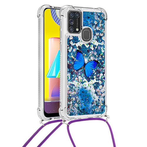 Silicone Candy Rubber TPU Bling-Bling Soft Case Cover with Lanyard Strap S02 for Samsung Galaxy M31 Prime Edition Blue