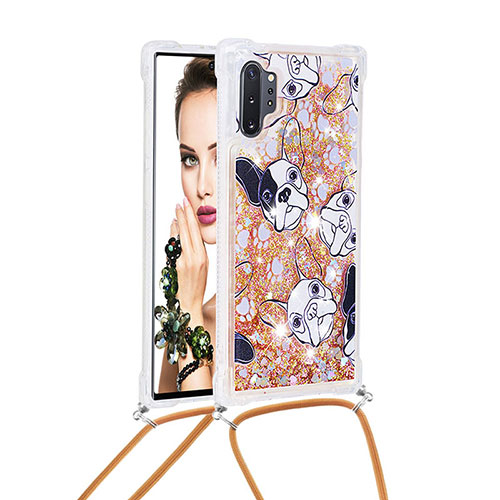 Silicone Candy Rubber TPU Bling-Bling Soft Case Cover with Lanyard Strap S02 for Samsung Galaxy Note 10 Plus 5G Gold