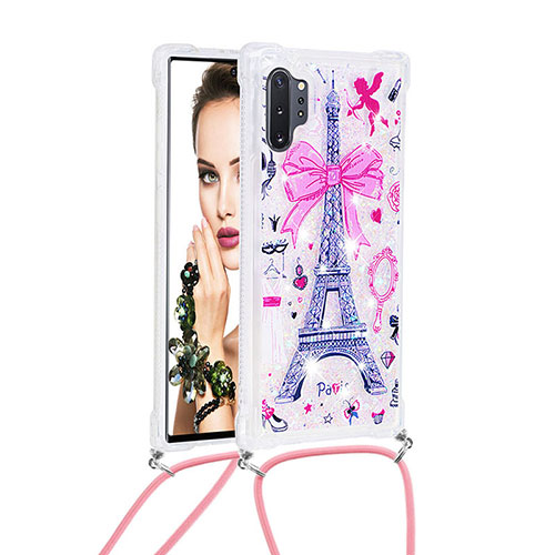 Silicone Candy Rubber TPU Bling-Bling Soft Case Cover with Lanyard Strap S02 for Samsung Galaxy Note 10 Plus 5G Pink