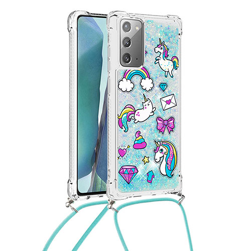 Silicone Candy Rubber TPU Bling-Bling Soft Case Cover with Lanyard Strap S02 for Samsung Galaxy Note 20 5G Sky Blue