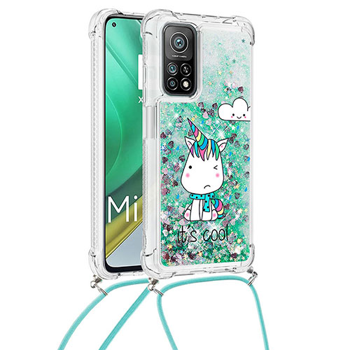 Silicone Candy Rubber TPU Bling-Bling Soft Case Cover with Lanyard Strap S02 for Xiaomi Mi 10T 5G Green