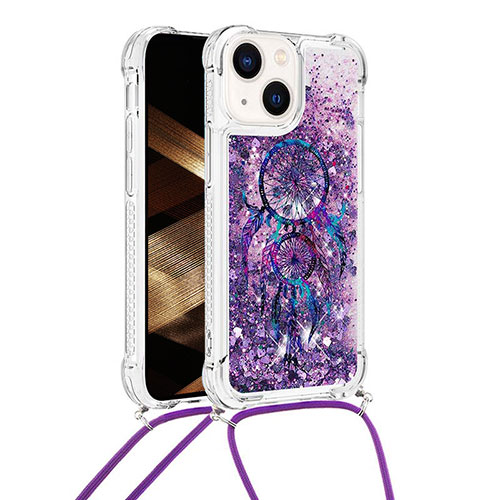 Silicone Candy Rubber TPU Bling-Bling Soft Case Cover with Lanyard Strap S03 for Apple iPhone 13 Purple
