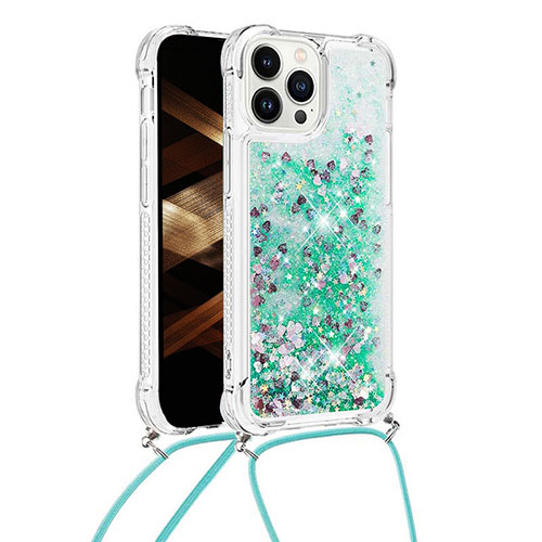 Silicone Candy Rubber TPU Bling-Bling Soft Case Cover with Lanyard Strap S03 for Apple iPhone 14 Pro Green