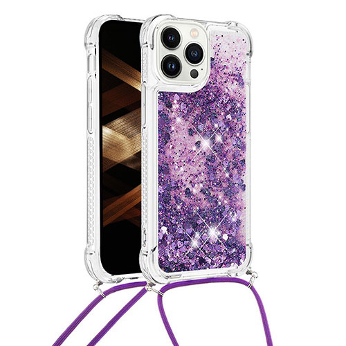Silicone Candy Rubber TPU Bling-Bling Soft Case Cover with Lanyard Strap S03 for Apple iPhone 14 Pro Max Purple