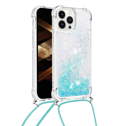 Silicone Candy Rubber TPU Bling-Bling Soft Case Cover with Lanyard Strap S03 for Apple iPhone 14 Pro Max Sky Blue