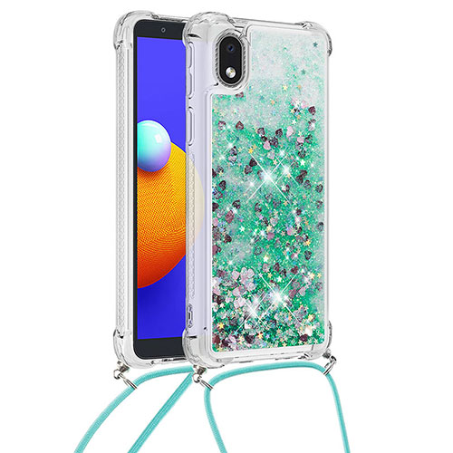Silicone Candy Rubber TPU Bling-Bling Soft Case Cover with Lanyard Strap S03 for Samsung Galaxy A01 Core Green