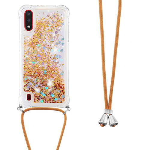 Silicone Candy Rubber TPU Bling-Bling Soft Case Cover with Lanyard Strap S03 for Samsung Galaxy A01 SM-A015 Gold