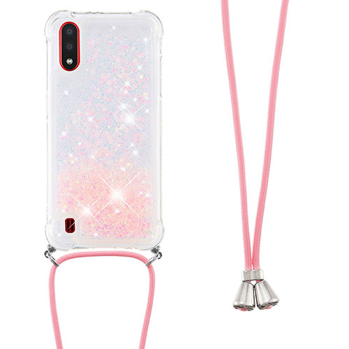 Silicone Candy Rubber TPU Bling-Bling Soft Case Cover with Lanyard Strap S03 for Samsung Galaxy A01 SM-A015 Pink
