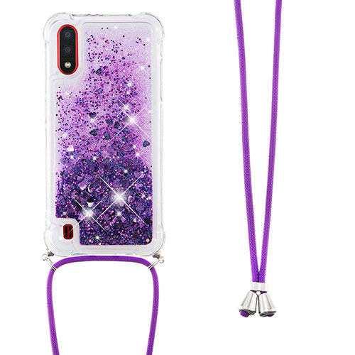 Silicone Candy Rubber TPU Bling-Bling Soft Case Cover with Lanyard Strap S03 for Samsung Galaxy A01 SM-A015 Purple