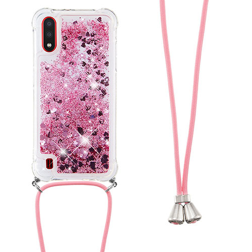 Silicone Candy Rubber TPU Bling-Bling Soft Case Cover with Lanyard Strap S03 for Samsung Galaxy A01 SM-A015 Red