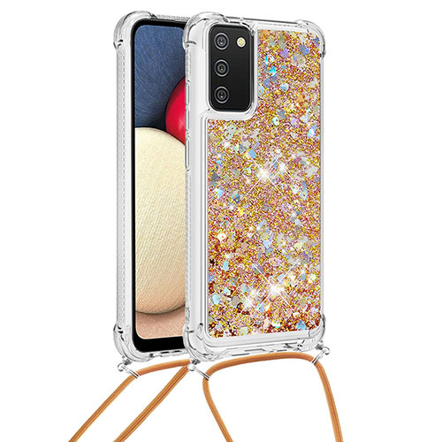 Silicone Candy Rubber TPU Bling-Bling Soft Case Cover with Lanyard Strap S03 for Samsung Galaxy A02s Gold