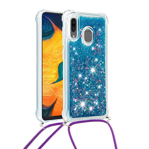 Silicone Candy Rubber TPU Bling-Bling Soft Case Cover with Lanyard Strap S03 for Samsung Galaxy A20 Blue
