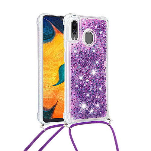 Silicone Candy Rubber TPU Bling-Bling Soft Case Cover with Lanyard Strap S03 for Samsung Galaxy A20 Purple