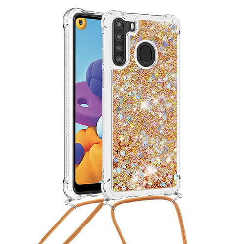 Silicone Candy Rubber TPU Bling-Bling Soft Case Cover with Lanyard Strap S03 for Samsung Galaxy A21 Gold