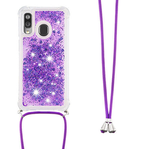 Silicone Candy Rubber TPU Bling-Bling Soft Case Cover with Lanyard Strap S03 for Samsung Galaxy A40 Purple