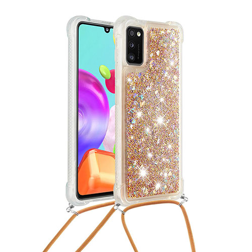 Silicone Candy Rubber TPU Bling-Bling Soft Case Cover with Lanyard Strap S03 for Samsung Galaxy A41 Gold