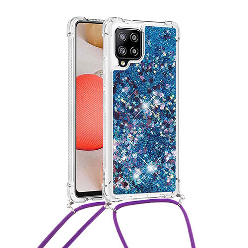 Silicone Candy Rubber TPU Bling-Bling Soft Case Cover with Lanyard Strap S03 for Samsung Galaxy A42 5G Blue