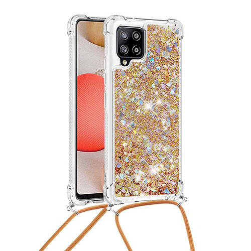 Silicone Candy Rubber TPU Bling-Bling Soft Case Cover with Lanyard Strap S03 for Samsung Galaxy A42 5G Gold