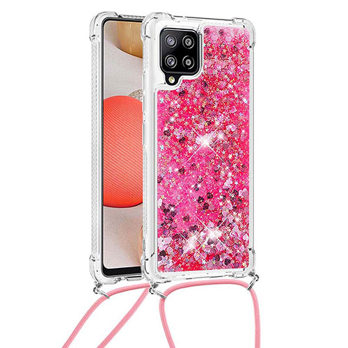 Silicone Candy Rubber TPU Bling-Bling Soft Case Cover with Lanyard Strap S03 for Samsung Galaxy A42 5G Hot Pink
