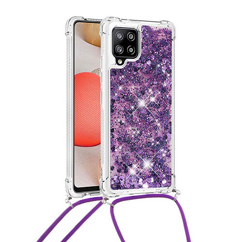 Silicone Candy Rubber TPU Bling-Bling Soft Case Cover with Lanyard Strap S03 for Samsung Galaxy A42 5G Purple