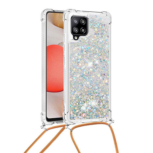 Silicone Candy Rubber TPU Bling-Bling Soft Case Cover with Lanyard Strap S03 for Samsung Galaxy A42 5G Silver
