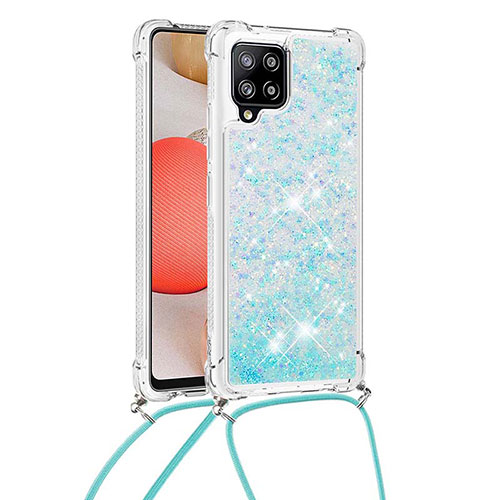 Silicone Candy Rubber TPU Bling-Bling Soft Case Cover with Lanyard Strap S03 for Samsung Galaxy A42 5G Sky Blue